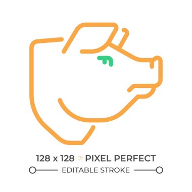 Domuz eti iki renkli çizgi ikonu. Domuz kafalı. Et dükkanı. Yiyecek endüstrisi. Çiftlik hayvanı. Barbekü menüsü. Barbekü restoranı. çift renkli ana hat sembolü. Duotone lineer piktogram. İzole bir illüstrasyon. Düzenlenebilir vuruş