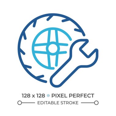 Tekerlek onarımı iki renk çizgisi simgesi. Araç tamiri. Bakım servisi. Araba tekerleği ve ingiliz anahtarı bicolor taslak sembolü. Duotone lineer piktogram. İzole bir illüstrasyon. Düzenlenebilir vuruş