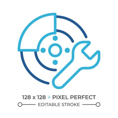 Araba diski fren tamiri iki renk çizgisi simgesi. Oto tamir servisi. Fren değiştirme. Otomotiv bölümü çift renkli ana hat sembolü. Duotone lineer piktogram. İzole bir illüstrasyon. Düzenlenebilir vuruş