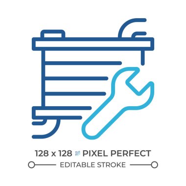Araba radyatörü iki renk çizgisi simgesini onarıyor. Otomotiv soğutma sistemleri. Mekanik onarım. Araç, çift renkli ana hat sembolü ile hizmet veriyor. Duotone lineer piktogram. İzole bir illüstrasyon. Düzenlenebilir vuruş