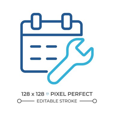 Ayarlanmış bakım iki renk çizgisi simgesi. Araba servisi randevuları. Tamir servisleri. Takvim ve İngiliz anahtarı çift renkli ana hat sembolü. Duotone lineer piktogram. İzole bir illüstrasyon. Düzenlenebilir vuruş