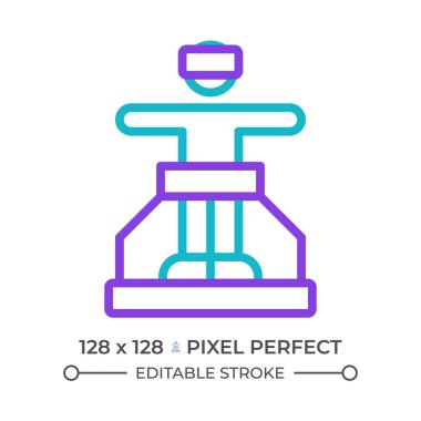 VR koşu bandı iki renkli çizgi simgesi. Etkileyici bir deneyim. Yürüyen platformdaki iki renkli kulaklıklı kişi. Duotone lineer piktogram. İzole bir illüstrasyon. Düzenlenebilir vuruş