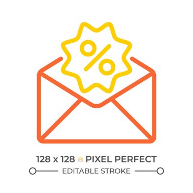 Reklam postası iki renkli çizgi simgesi. E-posta pazarlama. Haber bülteni. Özel fiyat. Zarf ve indirim işareti çift renkli ana hat sembolü. Duotone lineer piktogram. İzole bir illüstrasyon. Düzenlenebilir vuruş