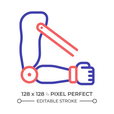 Transhumeral protez kol iki renk çizgisi simgesi. Biyomedikal mühendislik. Robot teknolojisi. Biyonik dış iskelet çift renkli ana hat sembolü. Duotone lineer piktogram. İzole bir illüstrasyon. Düzenlenebilir vuruş