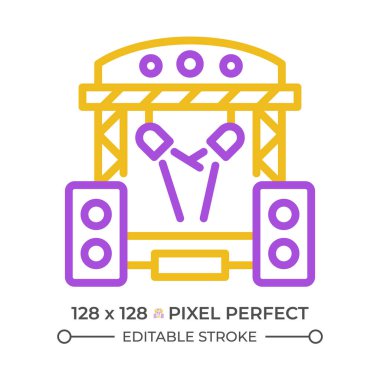 Müzik festivali pikseli mükemmel iki renk çizgisi simgesi. Konser sahnesi. Hoparlörler stereo müzik. Ses performansı çift renkli ana hat sembolü. Duotone lineer piktogram. İzole bir illüstrasyon. Düzenlenebilir vuruş