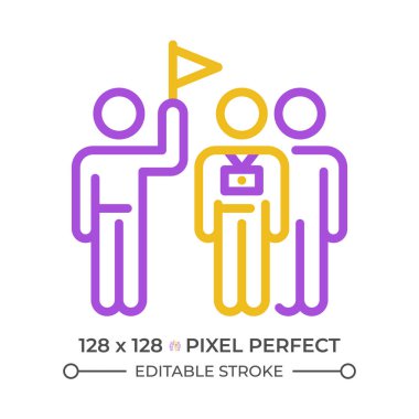 Turistik grup gezisi pikseli mükemmel iki renk çizgisi simgesi. Vahşi yaşam turizmi, macera seyahati. Seyahat gezisi çift renkli ana hat sembolü. Duotone lineer piktogram. İzole bir illüstrasyon. Düzenlenebilir vuruş