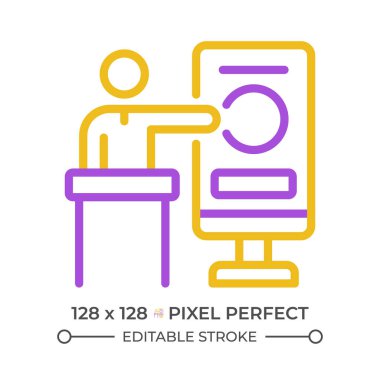 Ticaret konferansı pikseli iki renk çizgisi simgesi. İş etkinliği, tanıtım standı. Finansal sempozyum iki renk ana hatları sembolü. Duotone lineer piktogram. İzole bir illüstrasyon. Düzenlenebilir vuruş