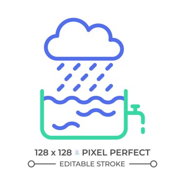 Yağmur suyu iki renkli çizgi simgesi. Su toplama ve koruma. Sürdürülebilir yaşam. Yağmur suyu bicolor özet sembolü hasat ediliyor. Duotone lineer piktogram. İzole bir illüstrasyon. Düzenlenebilir vuruş