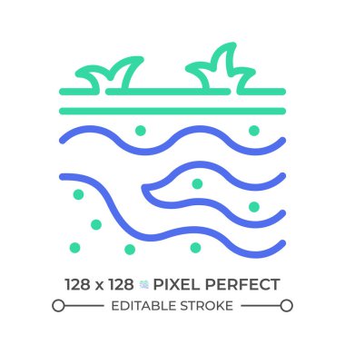 Yeraltı suyu iki renkli çizgi ikonu. Yeraltı suyu. - Doğal kaynak. Toprak katmanları. Hidroloji, iki renk ana hatlarını inceler. Duotone lineer piktogram. İzole bir illüstrasyon. Düzenlenebilir vuruş