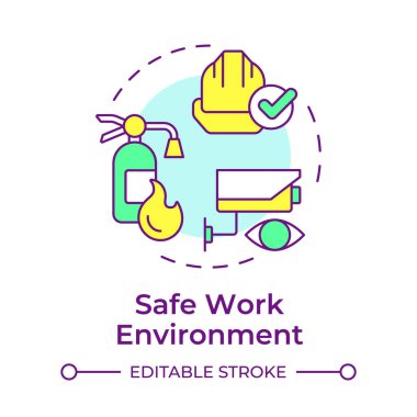 Güvenli çalışma ortamı çok renkli konsept simgesi. İş izleme sistemi. Güvenlik ekipmanları. Yuvarlak şekil çizimi. Soyut bir fikir. Grafik tasarımı. Bilgide ve sunumda kullanması kolay