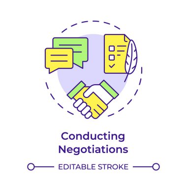 Müzakereler çok renkli konsept simgesi yürütülüyor. İşçi kanunları, işyeri kuralları. Yuvarlak şekil çizimi. Soyut bir fikir. Grafik tasarımı. Bilgide ve sunumda kullanması kolay