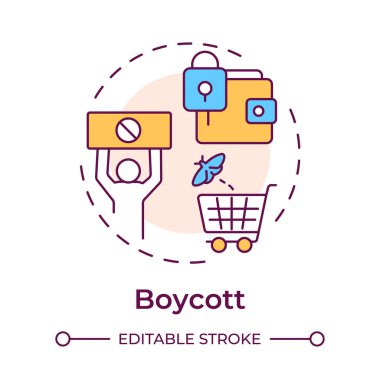 Çok renkli konsept simgesini boykot et. İşçi şikayeti, yasak levha. İşçi hakları. Yuvarlak şekil çizimi. Soyut bir fikir. Grafik tasarımı. Bilgide ve sunumda kullanması kolay