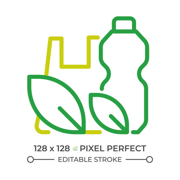 Биодезированный пластик двухцветная иконка. Пластиковый пакет и бутылка утилизации биколор очертания символа. Уменьшить пластик. Ноль отходов. Линейная пиктограмма дуотона. Изолированная иллюстрация. Штрих к таблице