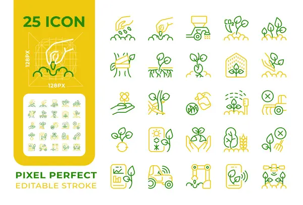 stock vector Seeding two color line icons set. Agricultural industry. Gardening business. Growing plants. Field sowing bicolor outline iconset isolated. Duotone pictograms thin linear. Editable stroke