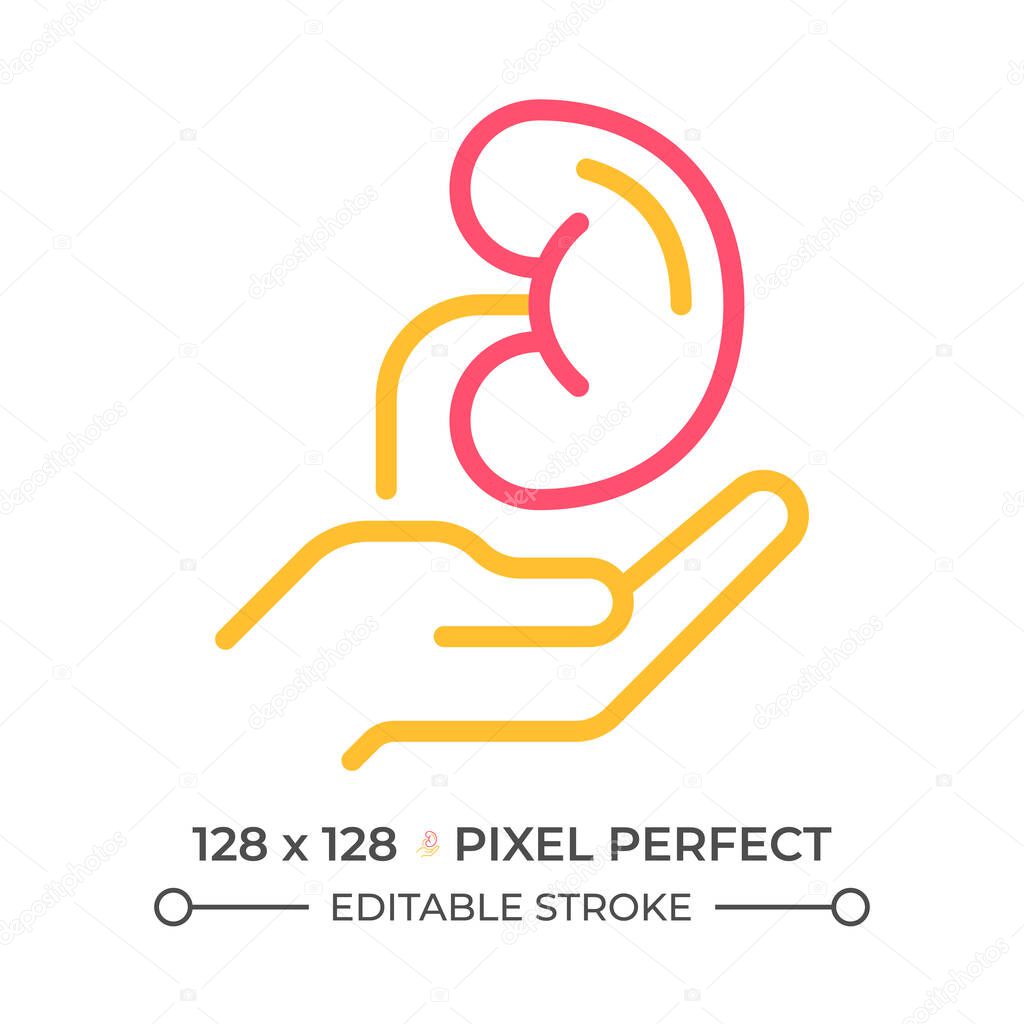 Organ donation two color line icon. Helping hand and kidney bicolor outline symbol. Internal organs transplantation. Kidney donation. Duotone linear pictogram. Isolated illustration. Editable stroke