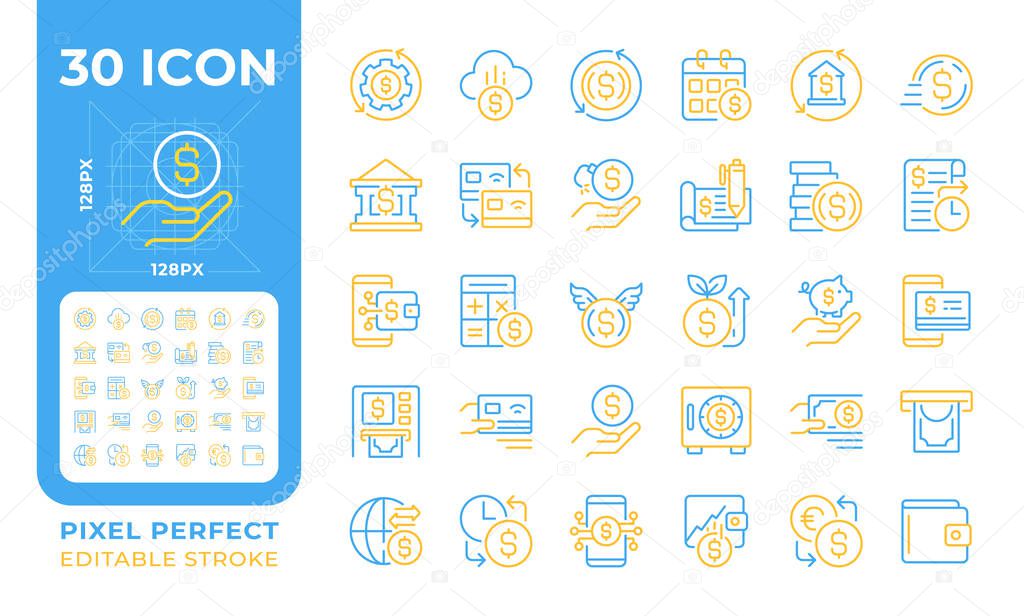 Money and finance two color line icons set. Budget planning. Banking icons. Online payment and transactions bicolor outline iconset isolated. Duotone pictograms thin linear. Editable stroke