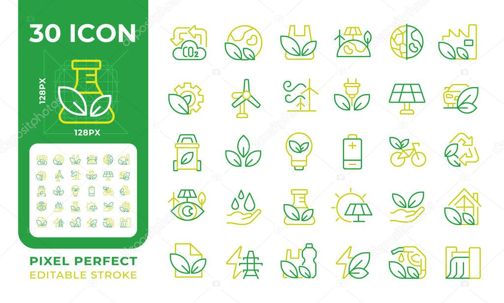 Ecology two color line icons set. Sustainable lifestyle bicolor outline iconset isolated. Energy solutions. Renewable resources. Nature conservation. Duotone pictograms thin linear. Editable stroke