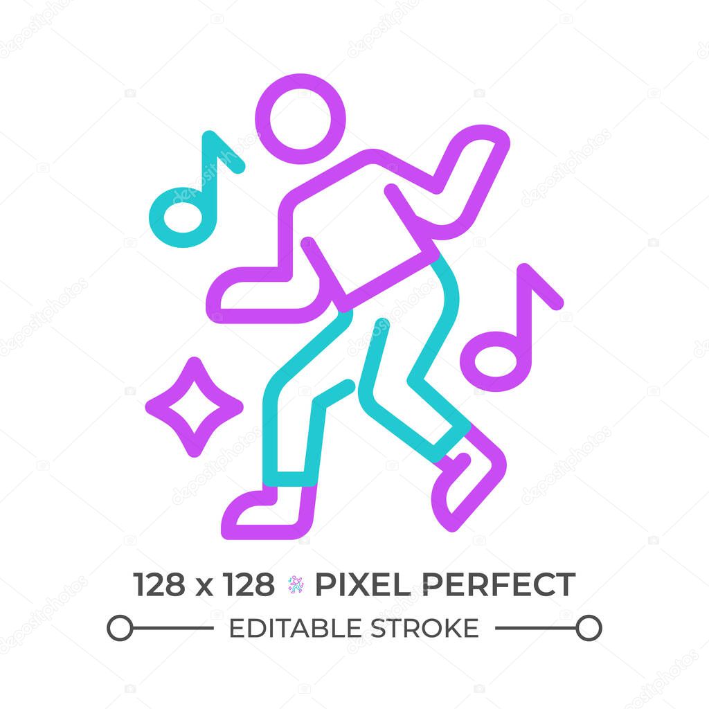 Dancing two color line icon. Nightlife. Essence of movement and fun. Musical notes and sparkle bicolor outline symbol. Duotone linear pictogram. Isolated illustration. Editable stroke