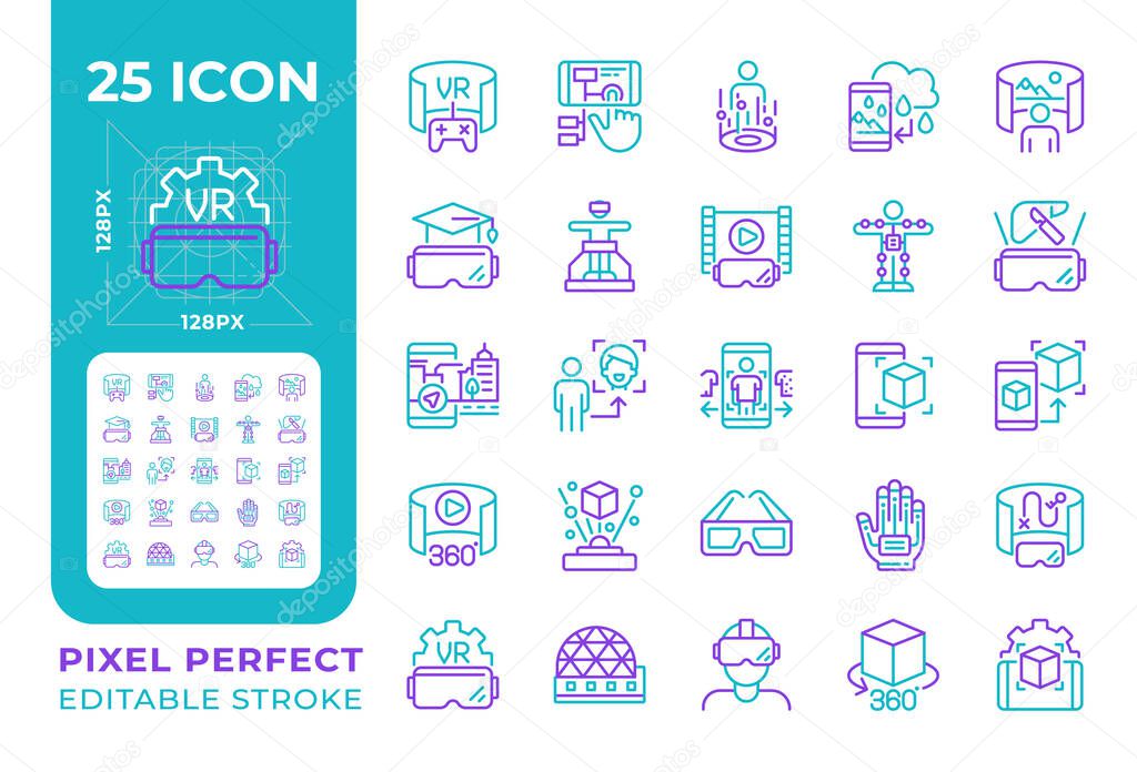VR, AR two color line icons set. Virtual reality icons. AR app for smartphone. Immersive experience bicolor outline iconset isolated. Duotone pictograms thin linear. Editable stroke