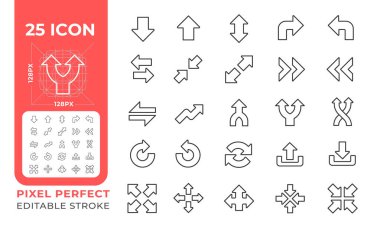 Oklar doğrusal simgeler ayarlandı. Farklı yönlere. Yönlendirme simgeleri. Aşağı ve ileri oklar. Özelleştirilebilir ince çizgi sembolleri. İzole vektör çizimi çizimleri. Düzenlenebilir vuruş
