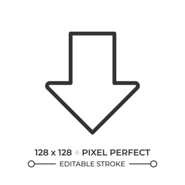 Aşağı doğru kalın ok doğrusal simgesi. Yönü sembolize eden ya da indiren işaret. Düşüyorum. Azalt ve indirim yap. İnce çizgili çizim. Contour sembolü. Vektör çizimi. Düzenlenebilir vuruş
