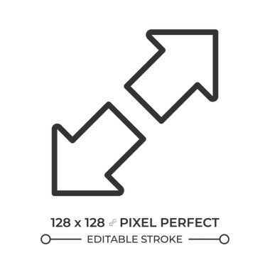 Doğrusal simgeyi yakınlaştır. Tam ekran modu. Büyüt ve genişlet. Kullanıcı arayüzü okları. Web tasarım elemanı. İnce çizgili çizim. Contour sembolü. Vektör çizimi. Düzenlenebilir vuruş