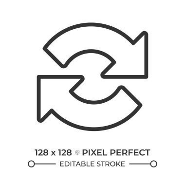 Doğrusal simgeyi tekrarla. Dairesel oklar. Eşzamanlama. Sistem güncellemesi. Otomasyon ve işlem. Yükleniyor. İnce çizgili çizim. Contour sembolü. Vektör çizimi. Düzenlenebilir vuruş