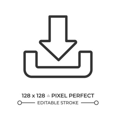 Doğrusal simge indir. Aşağı ok. Kullanıcı arayüzü düğmesi. Veri transferi ve yönetim. Dosyalar transfer edildi. İnce çizgili çizim. Contour sembolü. Vektör çizimi. Düzenlenebilir vuruş