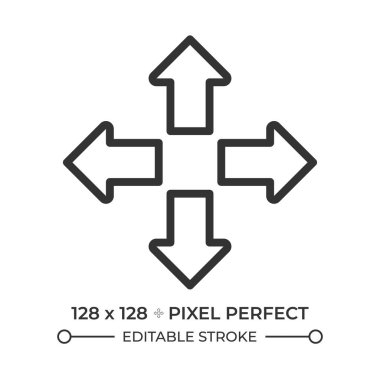Doğrusal simgeyi büyüt. Genişlemeyi ya da karar vermeyi temsil eden dört ok. Yakınlaştır. İnce çizgili çizim. Contour sembolü. Vektör çizimi. Düzenlenebilir vuruş