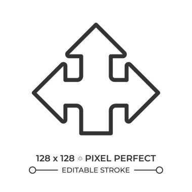 Üçlü ok doğrusal simgesi. Seçenekleri temsil etmek ya da karar vermek. Üç yol var. Yön ve yön bulma sembolü. İnce çizgili çizim. Contour sembolü. Vektör çizimi. Düzenlenebilir vuruş