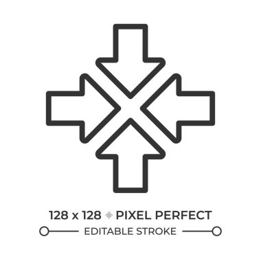 Okları içe doğru doğrusal simge. Merkeze doğru bakan dört ok. Birleşmeyi sembolize ediyor, odaklan. İnce çizgili çizim. Contour sembolü. Vektör çizimi. Düzenlenebilir vuruş