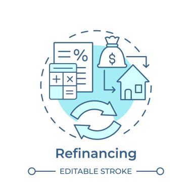 Yumuşak mavi konsept ikonu yeniden finanse ediliyor. Konut kredisi. Ödeme şartları, mali durum. Yuvarlak şekil çizimi. Soyut bir fikir. Grafik tasarımı. Bilgide ve sunumda kullanması kolay