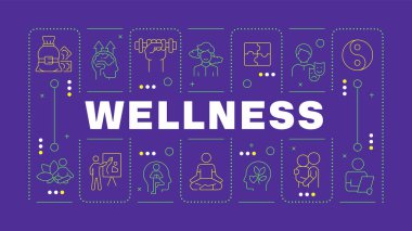 Sağlıklı mor kelime konsepti. Ruhsal iyileşme, bütünsel sağlık. Terapötik maneviyat. Yatay vektör görüntüsü. Düzenlenebilir taslak simgelerle çevrili başlık metni. İnbot Sans yazı tipi kullanıldı