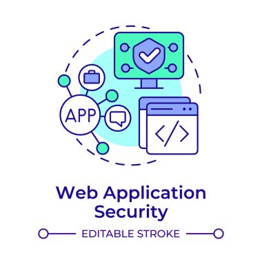Web uygulaması güvenliği çok renkli konsept simgesi. Api arayüzü, SDLC. Veri koruması. Yuvarlak şekil çizimi. Soyut bir fikir. Grafik tasarımı. Bilgide ve sunumda kullanması kolay