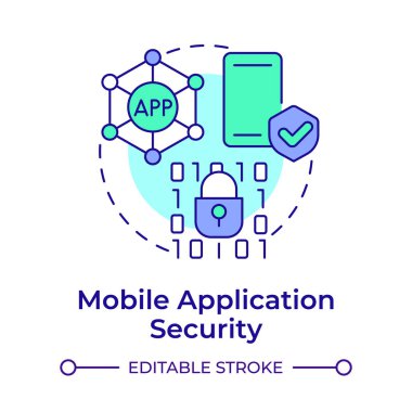 Mobil uygulama güvenliği çok renkli konsept simgesi. Yönetimi, entegrasyonu değiştirir. Yuvarlak şekil çizimi. Soyut bir fikir. Grafik tasarımı. Bilgide ve sunumda kullanması kolay