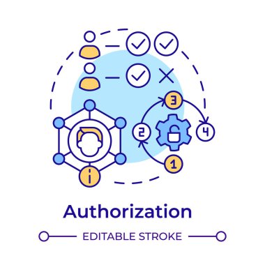 Yetkilendirme çok renkli konsept simgesi. Veri gizliliği, izin. Erişim kontrol politikası. Yuvarlak şekil çizimi. Soyut bir fikir. Grafik tasarımı. Bilgide ve sunumda kullanması kolay