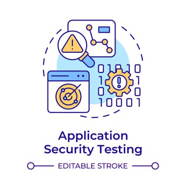 Uygulama güvenliği çok renkli konsept simgesini test ediyor. İncinebilirlik değerlendirmesi. Yuvarlak şekil çizimi. Soyut bir fikir. Grafik tasarımı. Bilgide ve sunumda kullanması kolay