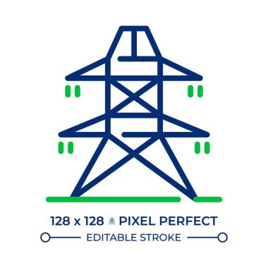 Güç hattı iki renkli çizgi simgesi. Yüksek voltaj kulesi. Elektrik direği, elektrik akımı. Enerji kaynağı, kablolar çift renkli ana hat sembolü. Duotone lineer piktogram. İzole bir illüstrasyon. Düzenlenebilir vuruş