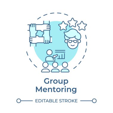 Grup danışmanlığı, yumuşak mavi konsept ikonu. Grup toplantıları. Profesyonel büyüme. Takım oluşturma. İşbirliği. Yuvarlak şekil çizimi. Soyut bir fikir. Grafik tasarımı. Günlük paylaşımında kullanması kolay