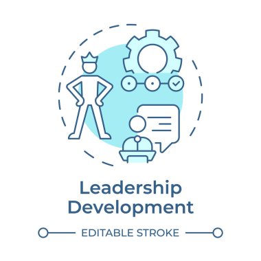 Liderlik geliştirme yumuşak mavi konsept simgesi. Kariyer danışmanlığı. Konuşmacı. Kendine güvenen biri. Yuvarlak şekil çizimi. Soyut bir fikir. Grafik tasarımı. Makalede kullanması kolay