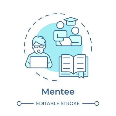 Mentee yumuşak mavi konsept simgesi. Bilgi ve uzmanlık kazanan biri. Öğrenci. Eğitici neşe. Yuvarlak şekil çizimi. Soyut bir fikir. Grafik tasarımı. Makalede kullanması kolay