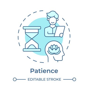 Sabır, yumuşak mavi konsept ikonu. Akıl hocası nitelikleri. Duygusal zeka. Stres yönetimi. Sakinlik. Yuvarlak şekil çizimi. Soyut bir fikir. Grafik tasarımı. Günlük paylaşımında kullanması kolay
