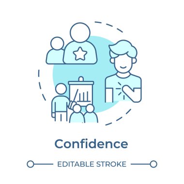 Kendine güven, yumuşak mavi konsept ikonu. Akıl hocası kalitesinde. Kendine güvenin. Karar verme mekanizması. Halka konuşma. Yuvarlak şekil çizimi. Soyut bir fikir. Grafik tasarımı. Makalede kullanması kolay