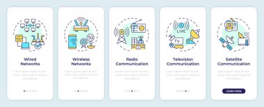 Telekomünikasyon formları mobil uygulama ekranında. Doğrusal kavramlarla düzenlenebilir grafik yönergelerini 5 adımda gezdir. UI, UX, GUI şablonu. Montserrat Yarı Kalın, Düzenli yazı tipleri
