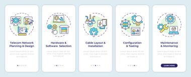 Telekom ağı kurulumu mobil uygulama ekranında. Doğrusal kavramlarla düzenlenebilir grafik yönergelerini 5 adımda gezdir. UI, UX, GUI şablonu. Montserrat Yarı Kalın, Düzenli yazı tipleri