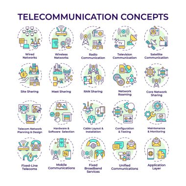 Telekomünikasyon çok renkli konsept simgeleri. Telekom endüstrisi. Kablolu ve kablosuz bağlantı. Sinyal iletimi. Simge paketi. Vektör görüntüleri. Yuvarlak şekilli çizimler. Soyut fikir