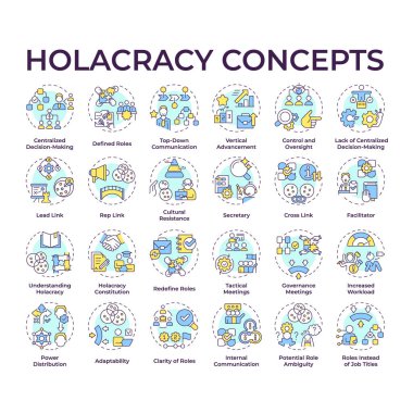 Holacracy çok renkli konsept simgeleri. Özerk yönetim. Kendi kendini yönetme. Tanımlanmış roller. Güç dağılımı. Takım çalışması. Simge paketi. Vektör görüntüleri. Yuvarlak şekilli çizimler. Soyut fikir