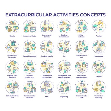 Extracurricular activities multi color concept icons. After school activities. Youth organizations. Skills development. Icon pack. Vector images. Round shape illustrations. Abstract idea clipart