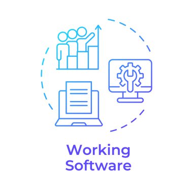Çalışan yazılım mavi gradyan konsept simgesi. Gelişim metodolojisi, proje takım çalışması. Yuvarlak şekil çizimi. Soyut bir fikir. Grafik tasarımı. Bilgide ve sunumda kullanması kolay