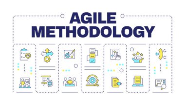 Çevik sözcük kavramı beyaza izole edildi. Proje organizasyonu, belgeler. Düzenlenebilir renkli çizgi simgeleriyle çevrili yaratıcı illüstrasyon afişi. İnbot Sans yazı tipi kullanıldı